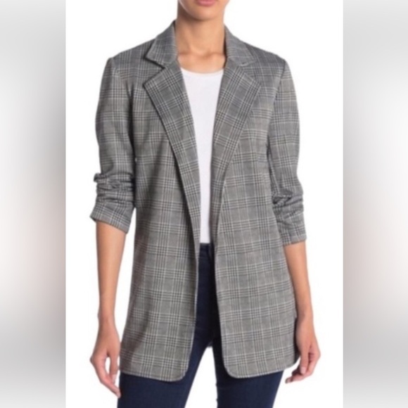 NWT Rachel Zoe Gray Houndstooth Open Front Ruched Sleeve Blazer - Picture 1 of 12